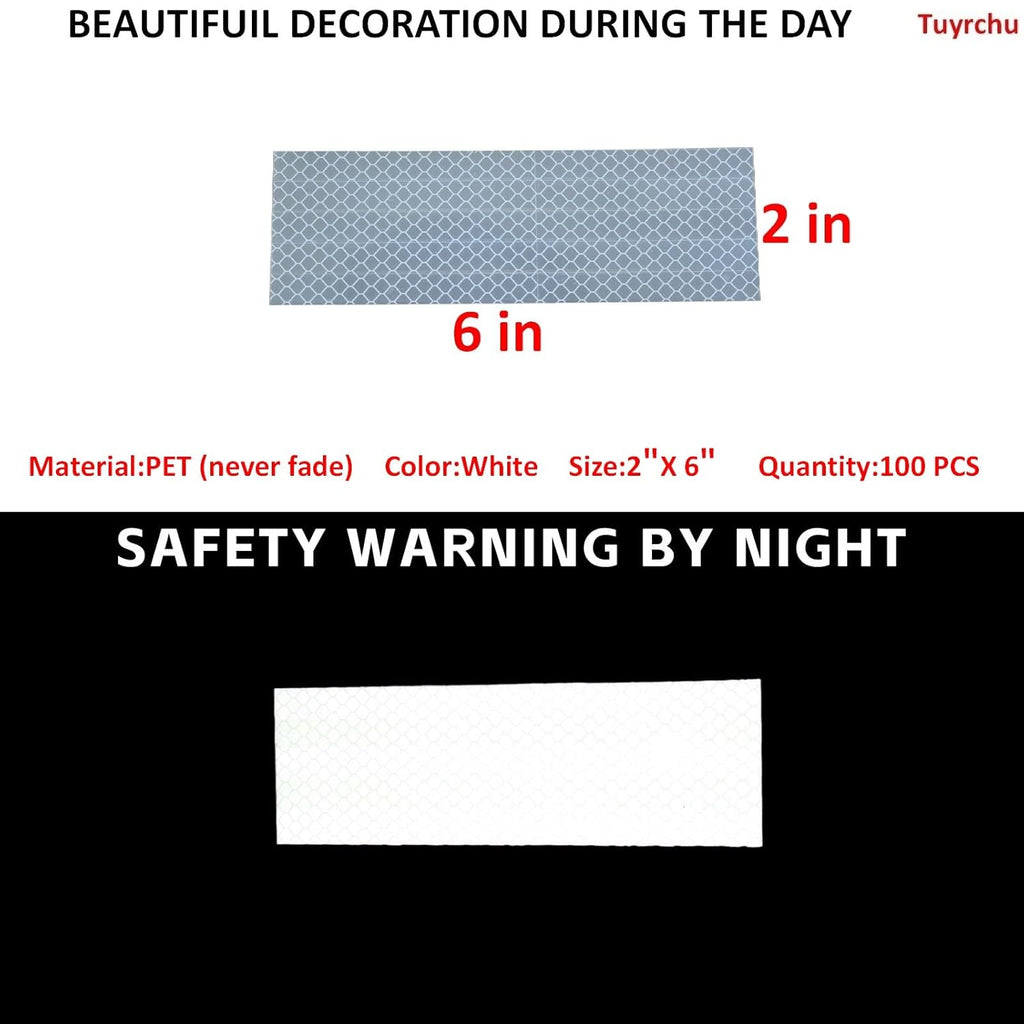 Non Fading White Reflective Stickers 2 inch X 6 inch, Outdoor Waterproof High Visibility Warning Safety Adhesive Reflector Tape (100 Pcs)
