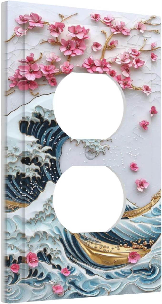 Outlet Covers The Great Wave Off Kanagawa With Sakura 1 Gang Duplex Wall Plate Decorative Switch Plates Electrical Receptacle Faceplate Light Switch Cover for Bedroom Bathroom Decor