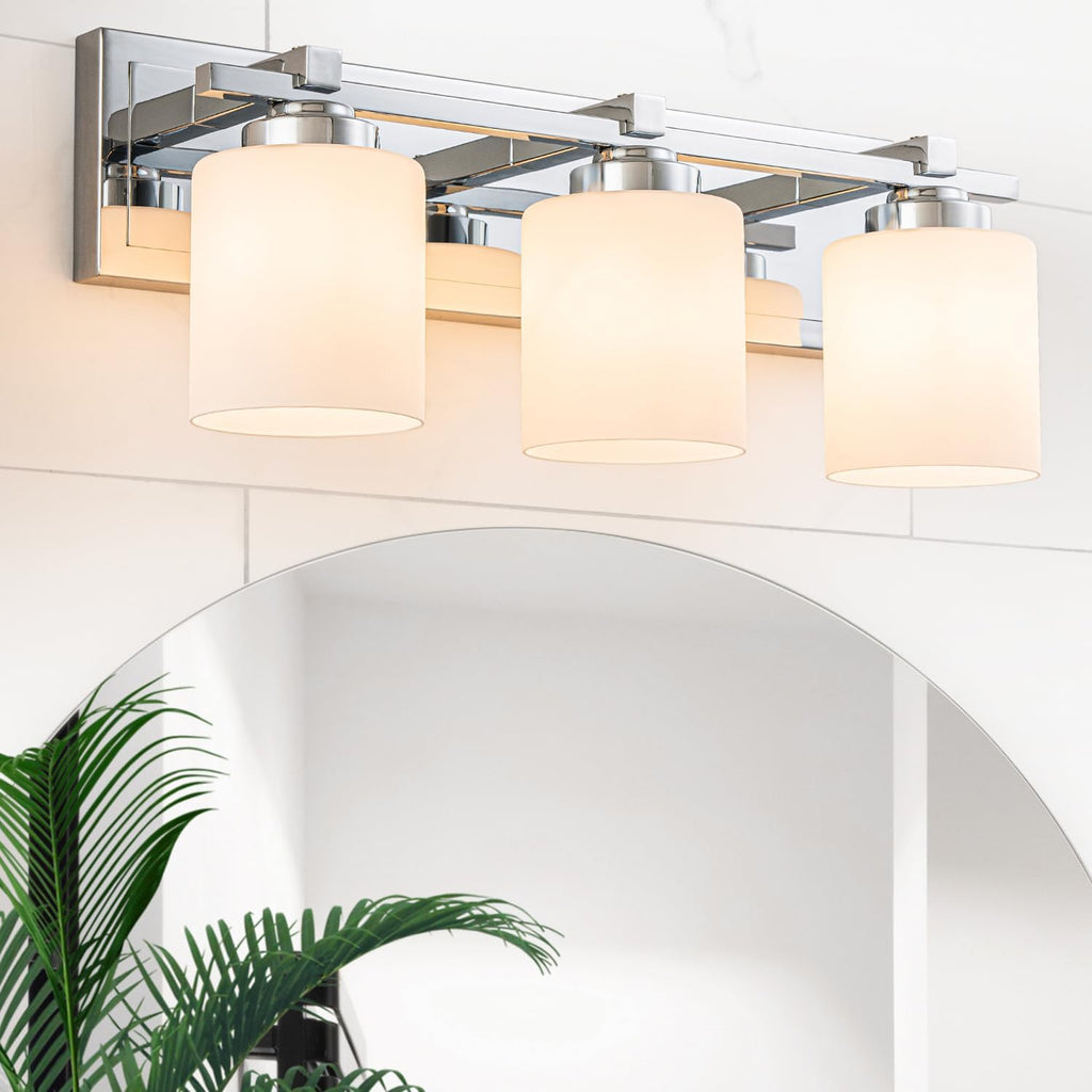 3 Light Modern Bathroom Light Fixtures Over Mirror, Chrome Vanity Lights for Bathroom Wall Sconces with Milky White Glass Shades, E26 Socket (Bulbs Not Included)