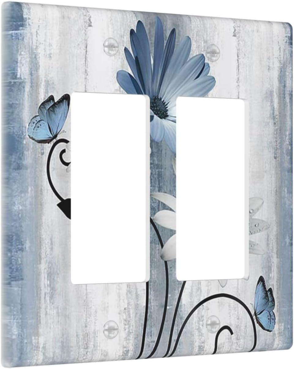Decorative Outlet Covers Rustic Blue White Daisy Ink Flower 2 Gang Light Switch Cover Plate Double Rocker Wall Plates for Electrical Outlets Switch Plate Covers for Bedroom Home Decor