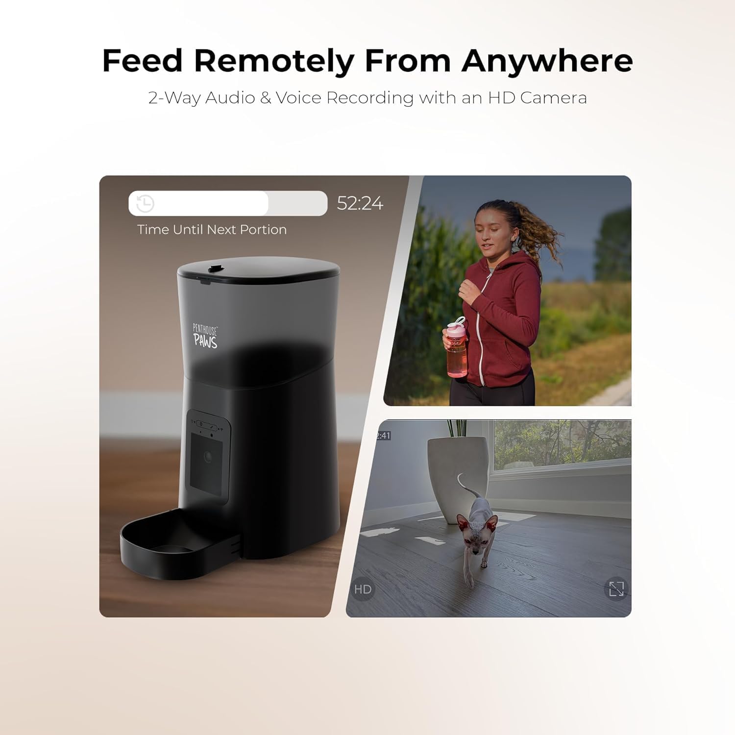 Smart HD Automatic Cat Feeder with 1080P Camera & Night Vision, 2-Way Audio, WiFi App Control, Anti-Jam 6L Cat Feeder with Backup Power, Easy to Clean, Schedules Up to 15 Meals for Cat & Dog, Black