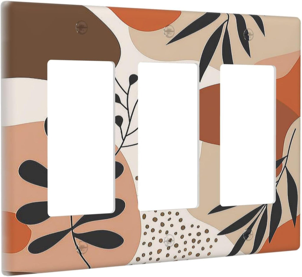Light Switch Covers Boho Botanical Orange Green Beige Minimalist 3 Gang Rocker Electrical GFCI Decorative Triple Outlet Wall Plate Cover Switchplate for Bedroom living Room Decor