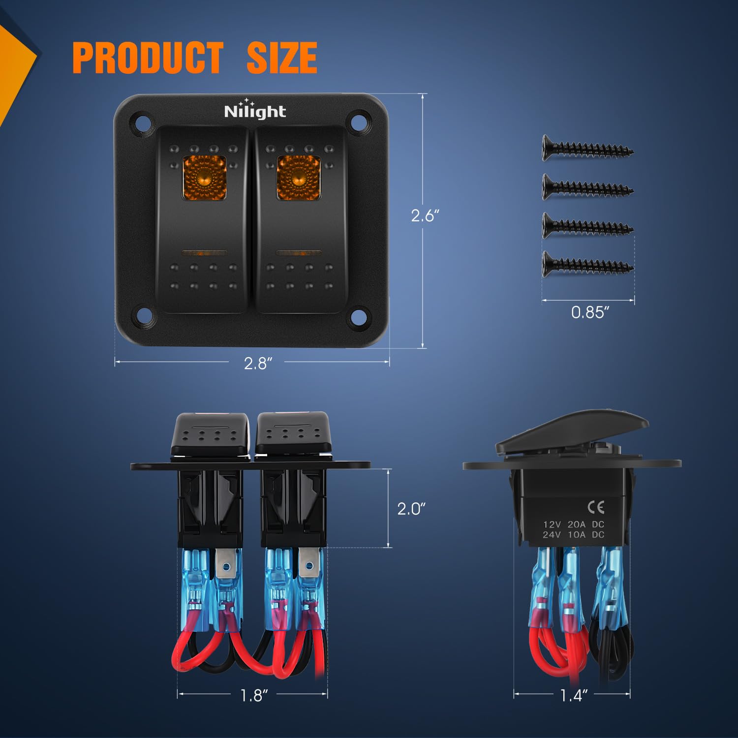 Nilight 2 Gang Rocker Switch Panel with Orange LED Light 5 Pin On Off Pre-Wired Aluminum Toggle Switches Waterproof for 12V/24V Cars Marine Boats ATVs Trailers RV Trucks