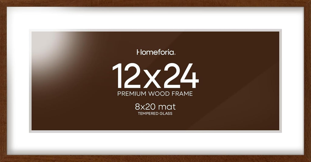 Homeforia 12x24 Picture Frame Brown, High End Dark Oak 12x24 Walnut Wood Poster Frame with Mat 8x20 Print, 12 x 24 Wooden Frame Matted to 8 x 20 Photo, 24x12 Frames, Tempered Glass, Wall Kit, Set of 1