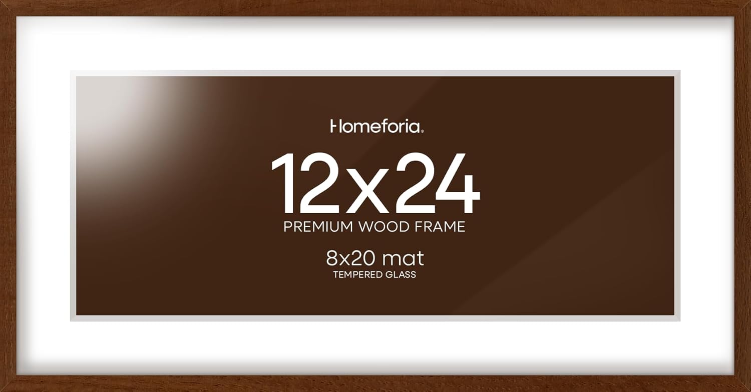 Homeforia 12x24 Picture Frame Brown, High End Dark Oak 12x24 Walnut Wood Poster Frame with Mat 8x20 Print, 12 x 24 Wooden Frame Matted to 8 x 20 Photo, 24x12 Frames, Tempered Glass, Wall Kit, Set of 1