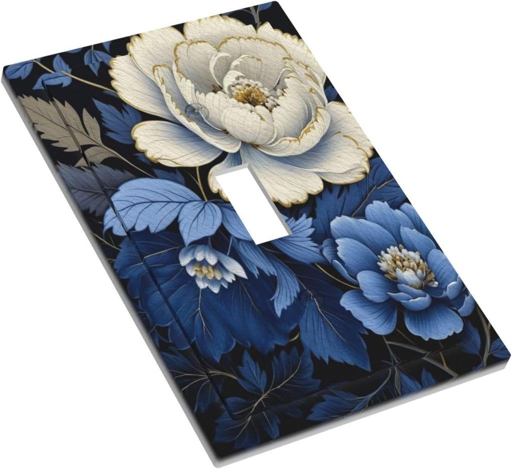 Blue White Flowers Light Switch Covers 1 Gang Single Toggle Wall Plate Decorative Switchcover Electrical Switchplate for Country Living Decor
