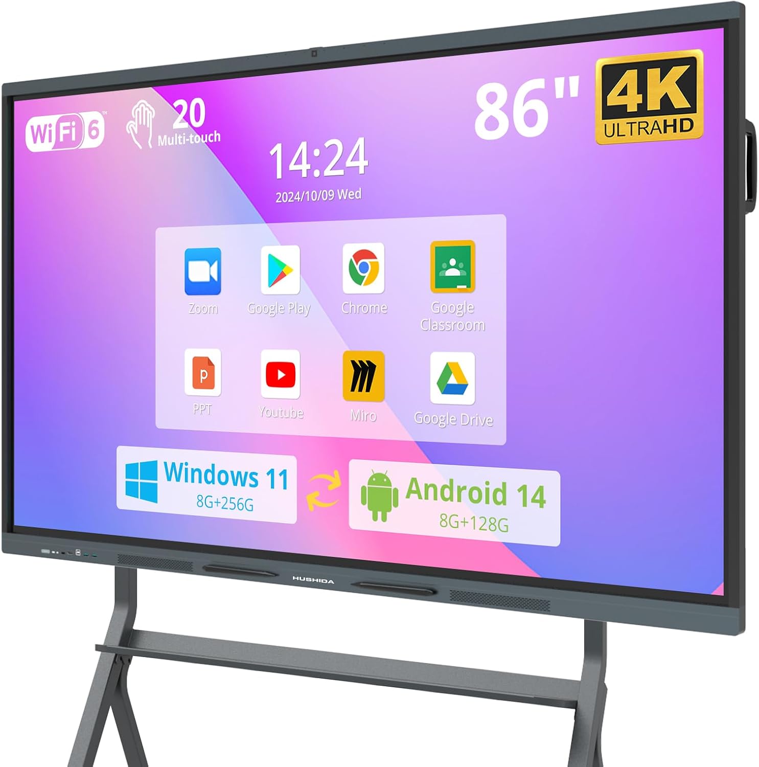 86″ Smart Board, 4K UHD Interactive Whiteboard Built in Dual System and 13MP Camera, All in One Digital Whiteboard for Home, Classroom and Business (Wall Mount Included)
