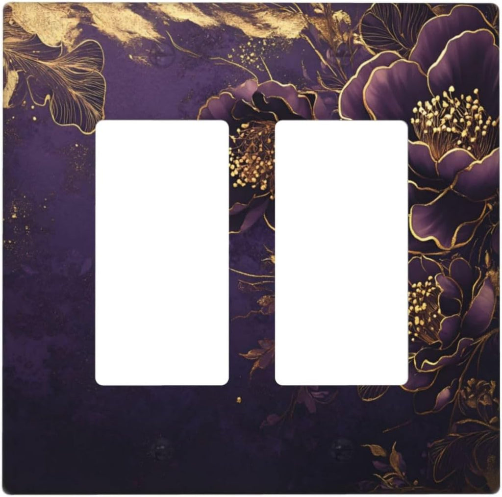 Decorative Outlet Covers Vintage Purple Peony Gold Leaf Flowers Floral 2 Gang Wall Plate Double Rocker Two Switch Wall Cover Plate Jumbo Dual Electrical GFCI Face Plate for Bedroom Decor