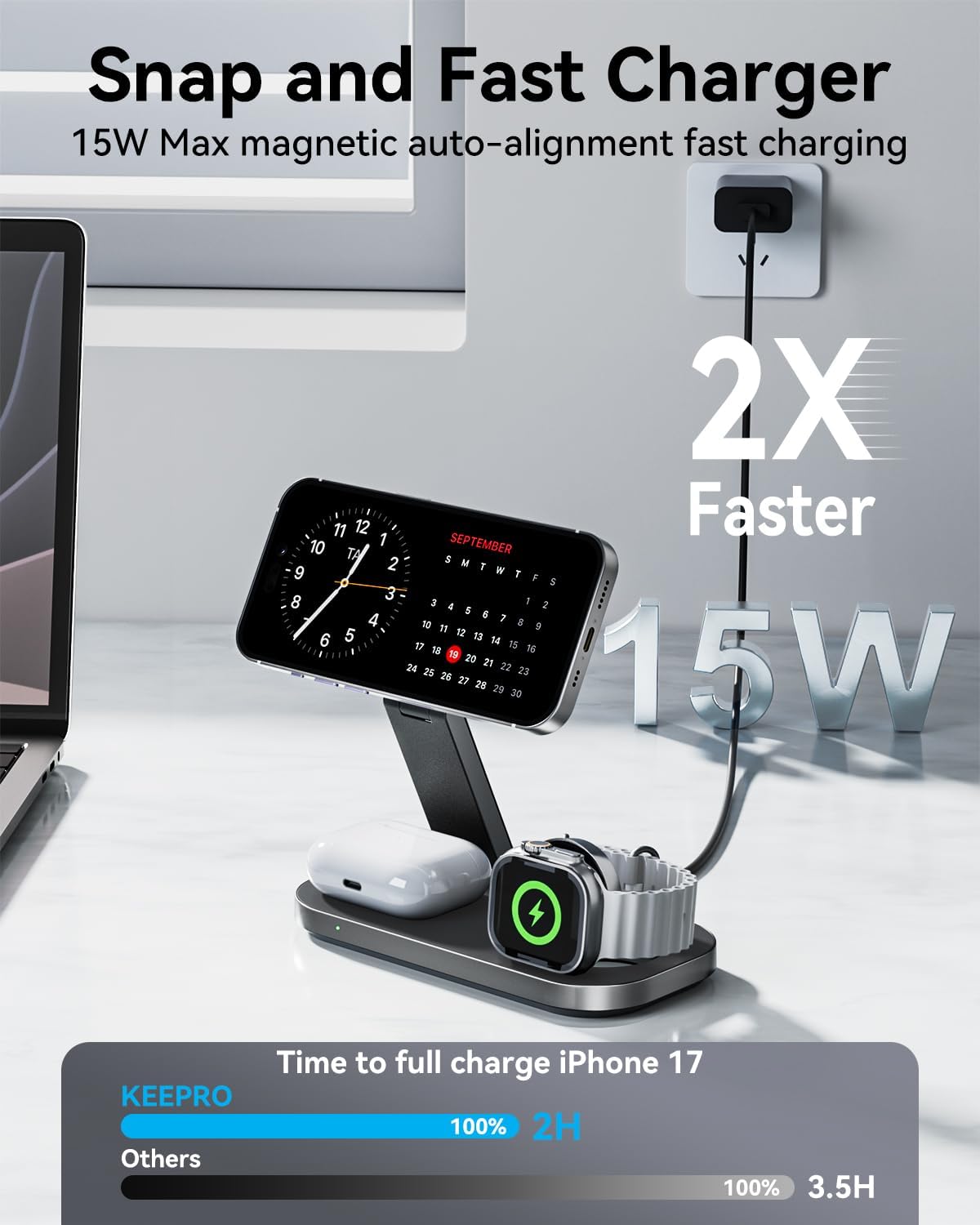 3 in 1 Wireless Charging Station for Apple Devices, Magnetic Foldable Fast Charger Stand Compatible with MagSafe for iPhone Air/17/16/15/14/13/12 Series, Apple Watch & AirPods Pro/4/3/2