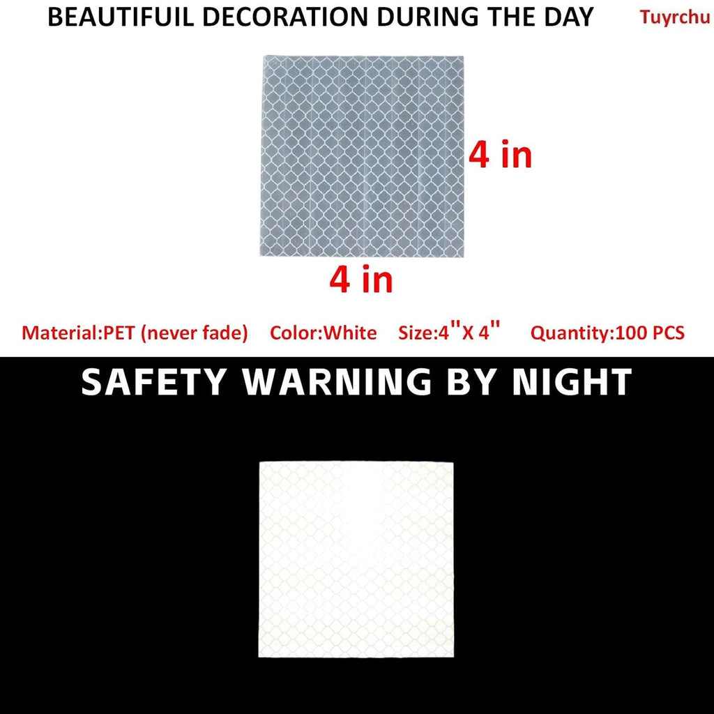Non Fading White Reflective Stickers 4 inch X 4 inch, Outdoor Waterproof High Visibility Warning Safety Adhesive Reflector Tape (100 Pcs)