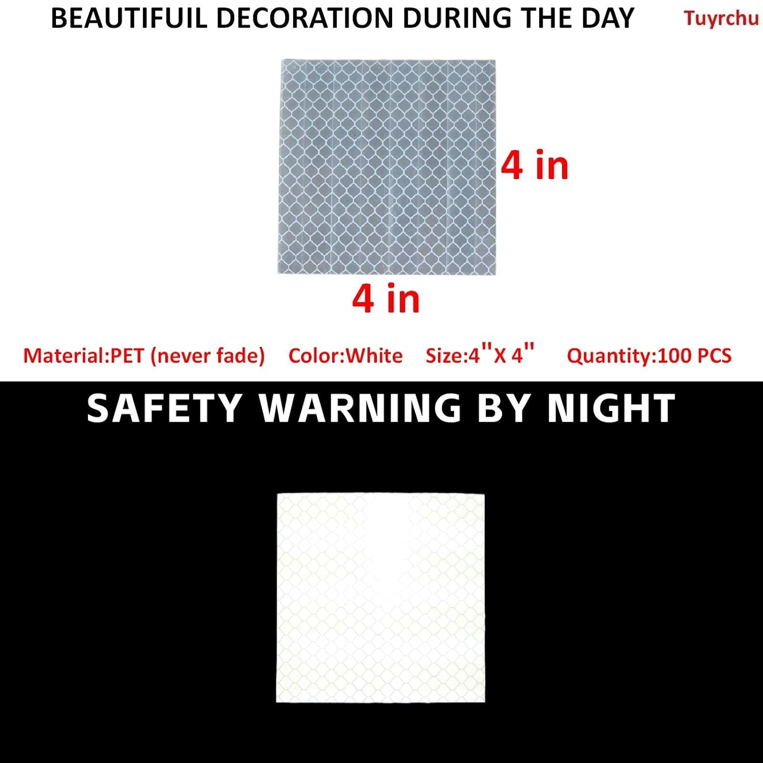 Non Fading White Reflective Stickers 4 inch X 4 inch, Outdoor Waterproof High Visibility Warning Safety Adhesive Reflector Tape (100 Pcs)