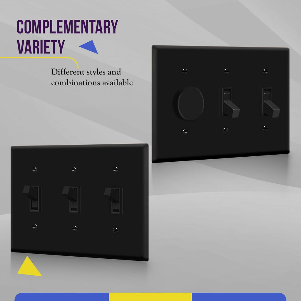 ENERLITES Triple Light Switch Wall Plate, Gloss Finish, Standard Size 3-Gang 4.50" x 6.38", Unbreakable Polycarbonate Thermoplastic, 8813-BK-3PCS, Black, 3 Pack