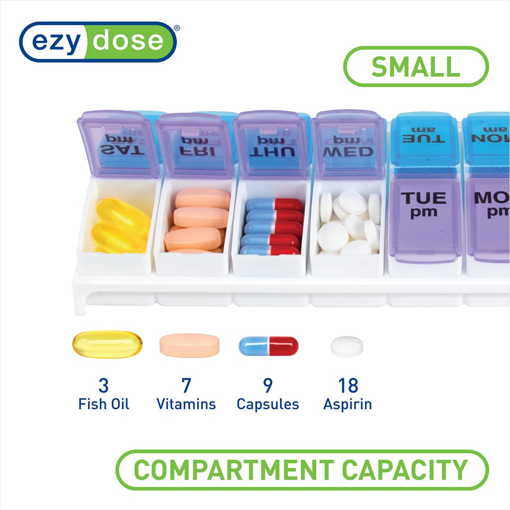 Ezy Dose Weekly (7-Day) AM/PM Pill Organizer, Vitamin and Medicine Box, Small Pop-out Compartments, 2 Times a Day, Blue and Purple Lids