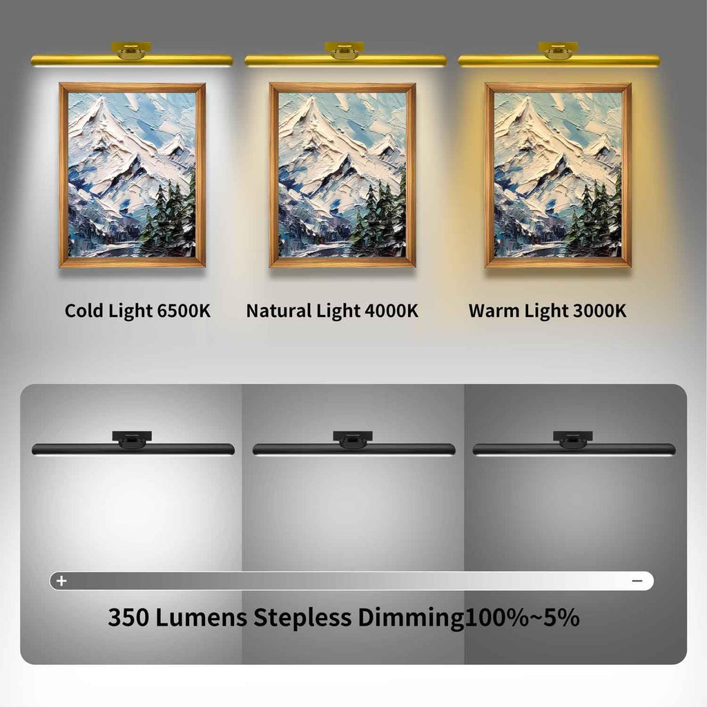24.4" Wireless Picture Lights, Rechargeable Battery Art Display Light with Remote Control, Dimmable/Timer Off Dartboard Light, 3 Lighting Modes Full Metal Painting Display Lights (Gold-1Pack)