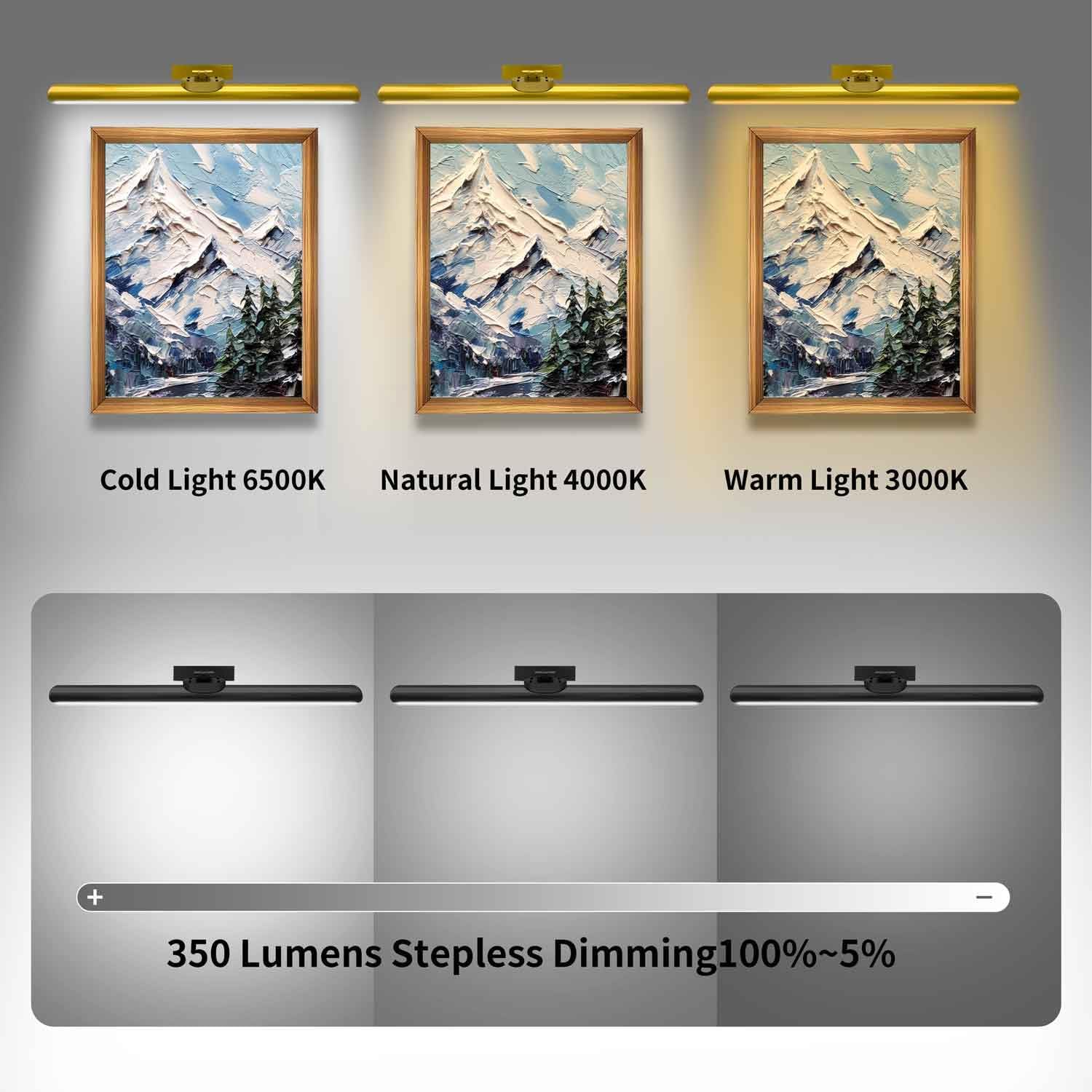 24.4" Wireless Picture Lights, Rechargeable Battery Art Display Light with Remote Control, Dimmable/Timer Off Dartboard Light, 3 Lighting Modes Full Metal Painting Display Lights (Gold-2Pack)