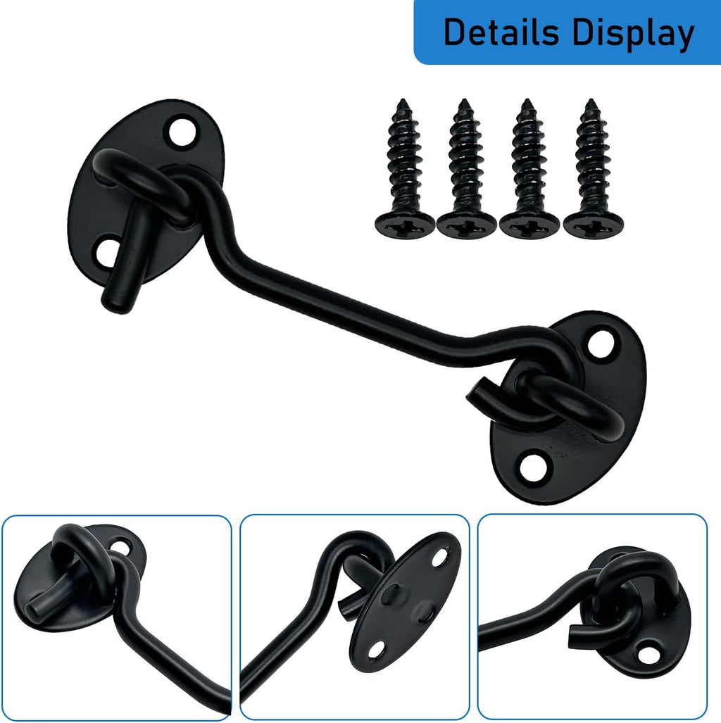 4 Pack 4" Hook and Eye Gate Latch, Stainless Steel Rust-Resistant Barn Door Lock Cabin Hooks for Gate Shutters Window Slide Barn Shed Cabinet Bathroom, with 16pcs Screw,Black