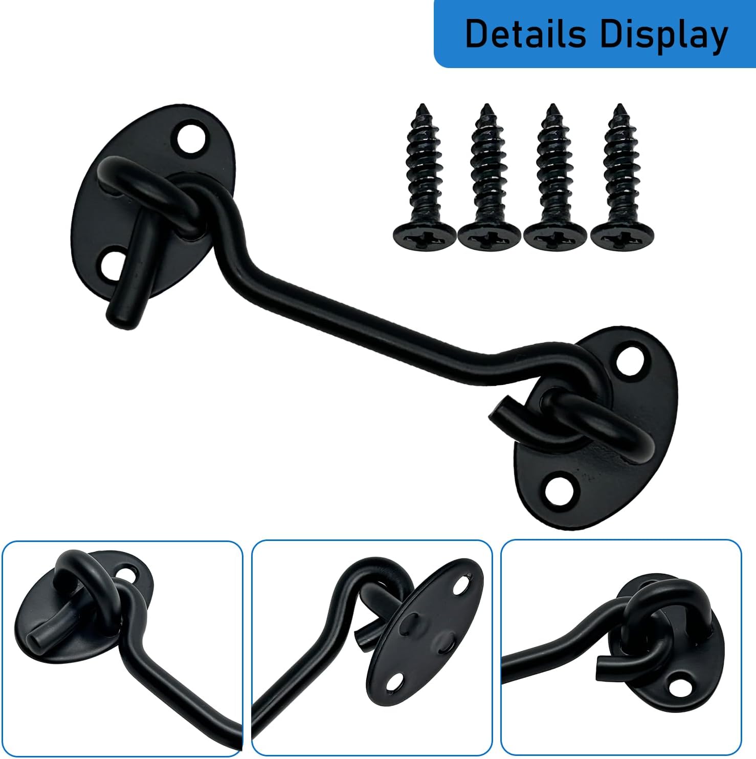 4 Pack 4" Hook and Eye Gate Latch, Stainless Steel Rust-Resistant Barn Door Lock Cabin Hooks for Gate Shutters Window Slide Barn Shed Cabinet Bathroom, with 16pcs Screw,Black