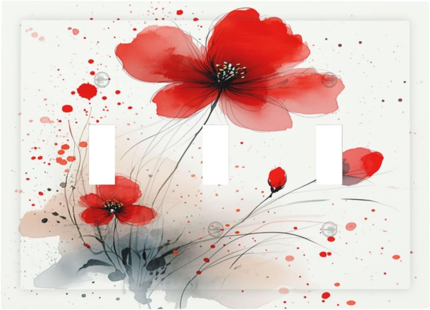 Vintage Watercolor Red Flowers Floral Decorative Switch Plates 3 Gang Wall Plate Triple Toggle Light Switch Cover Electrical Wall Panels Faceplate for Bedroom Bathroom Decor