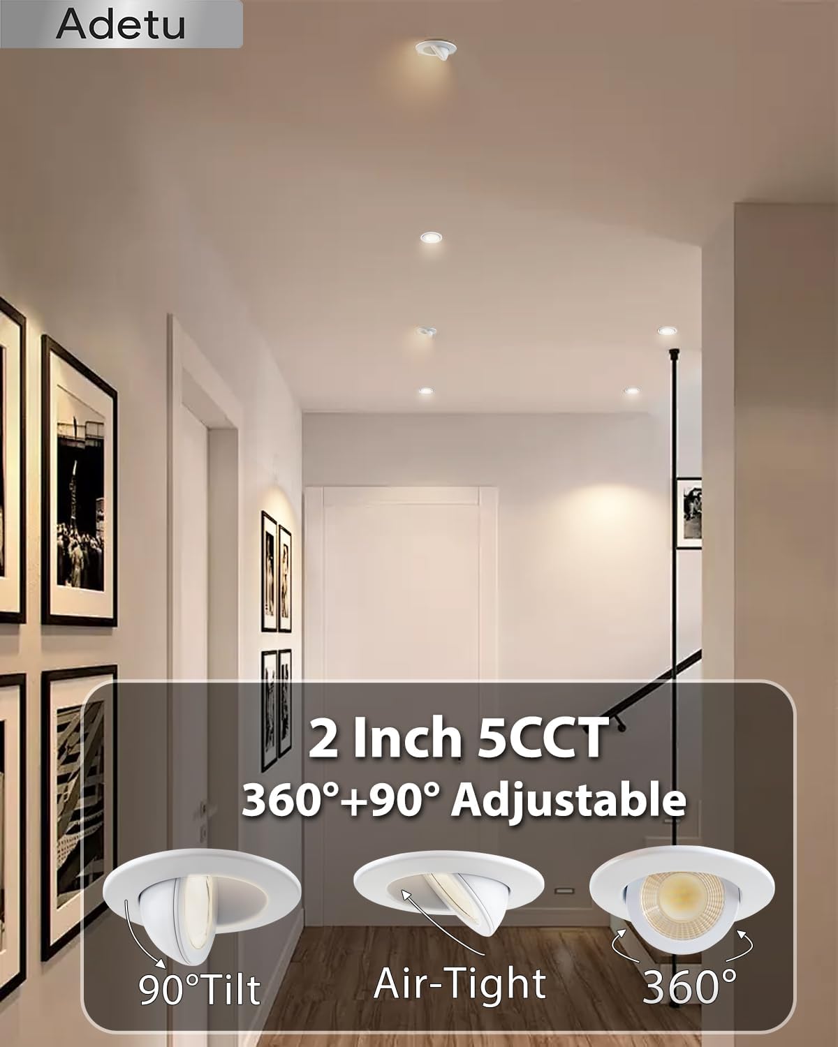 Adetu 2 Inch 5CCT Gimbal Led Recessed Lighting with Junction Box, 360°+90° Adjustable Recessed Can Lights, 2700K/3000K/3500K/4000K/5000K Selectable, 5W Eqv 50W, 550LM Brightness - ETL (White, 1 Pack)