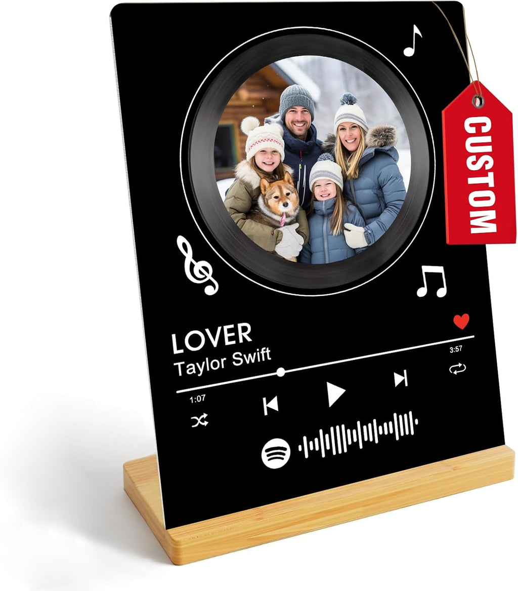 Custom Photo Prints - Metal Desktop Picture Frame with Photos & Spotify Song Plaque & Wooden Base Personalized Gifts for Family Friends and Lovers, Optional Multiple Sizes