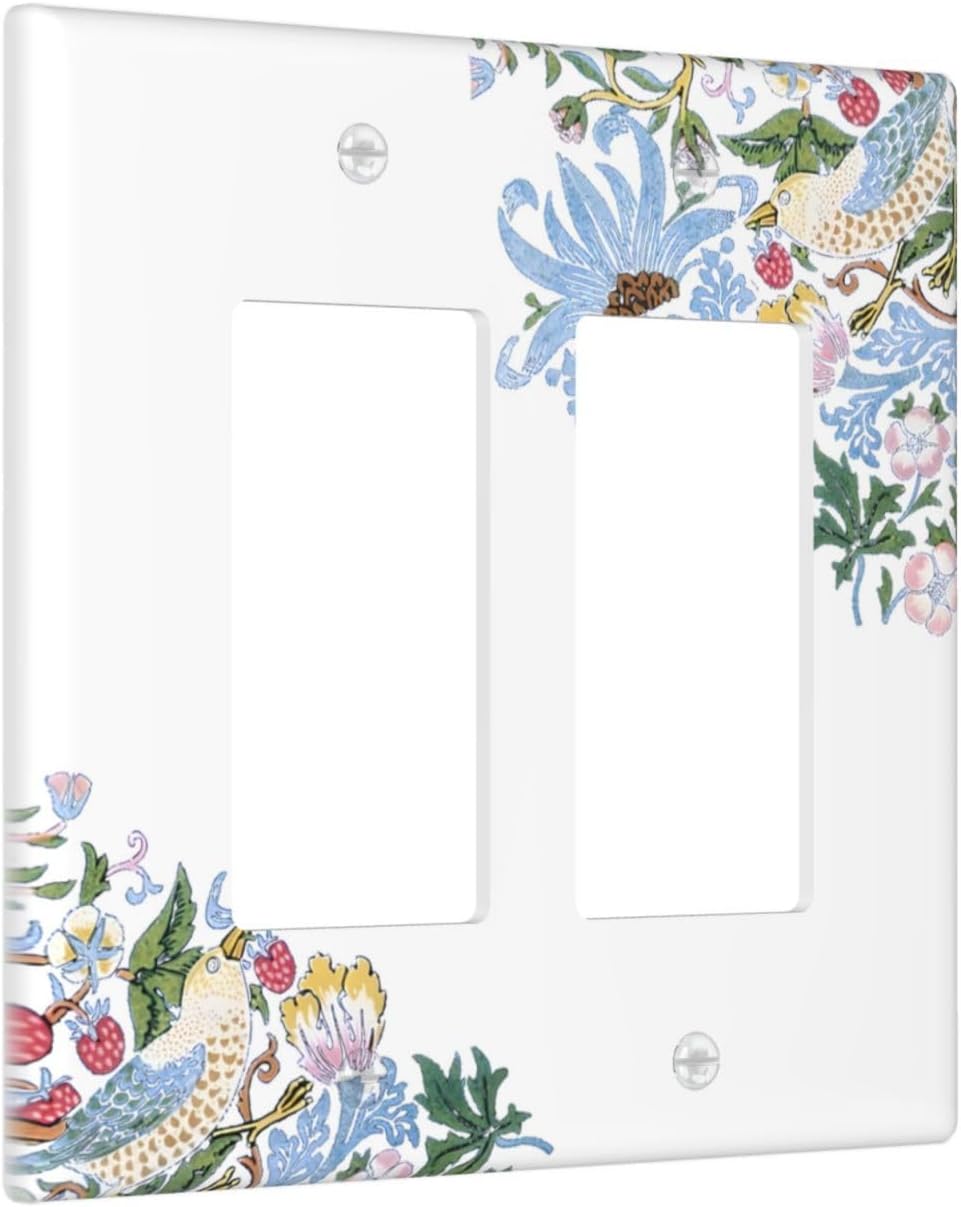 Decorative Outlet Covers Retro Morris Strawberry Rustic Plant Bird 2 Gang Wall Plate Double Rocker Two Switch Wall Cover Plate Jumbo Dual GFCI Faceplate for Bedroom Decor