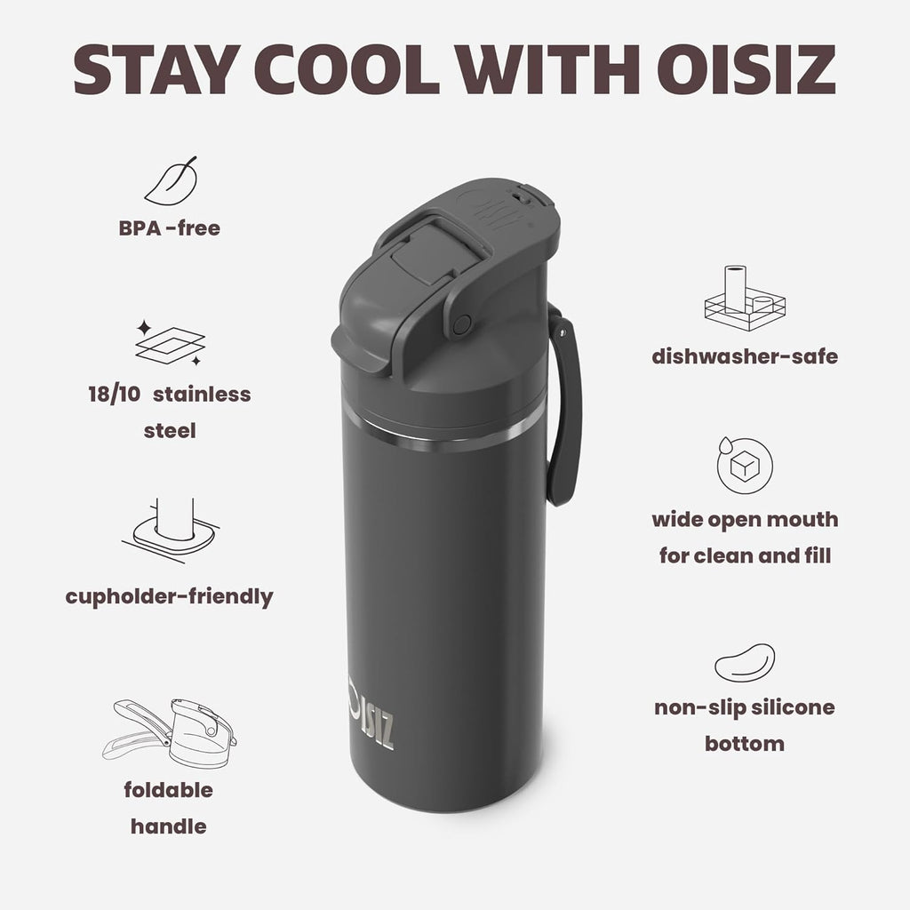 OISIZ Insulated Water Bottle 20 oz with 2 in 1 Spout and Straw Lid,One Click Safety Lock,100% Leakproof,Keep Cold 24H,Vacuum Stainless Steel Water Bottle for School,Travel and Sports,Dishwasher Safe