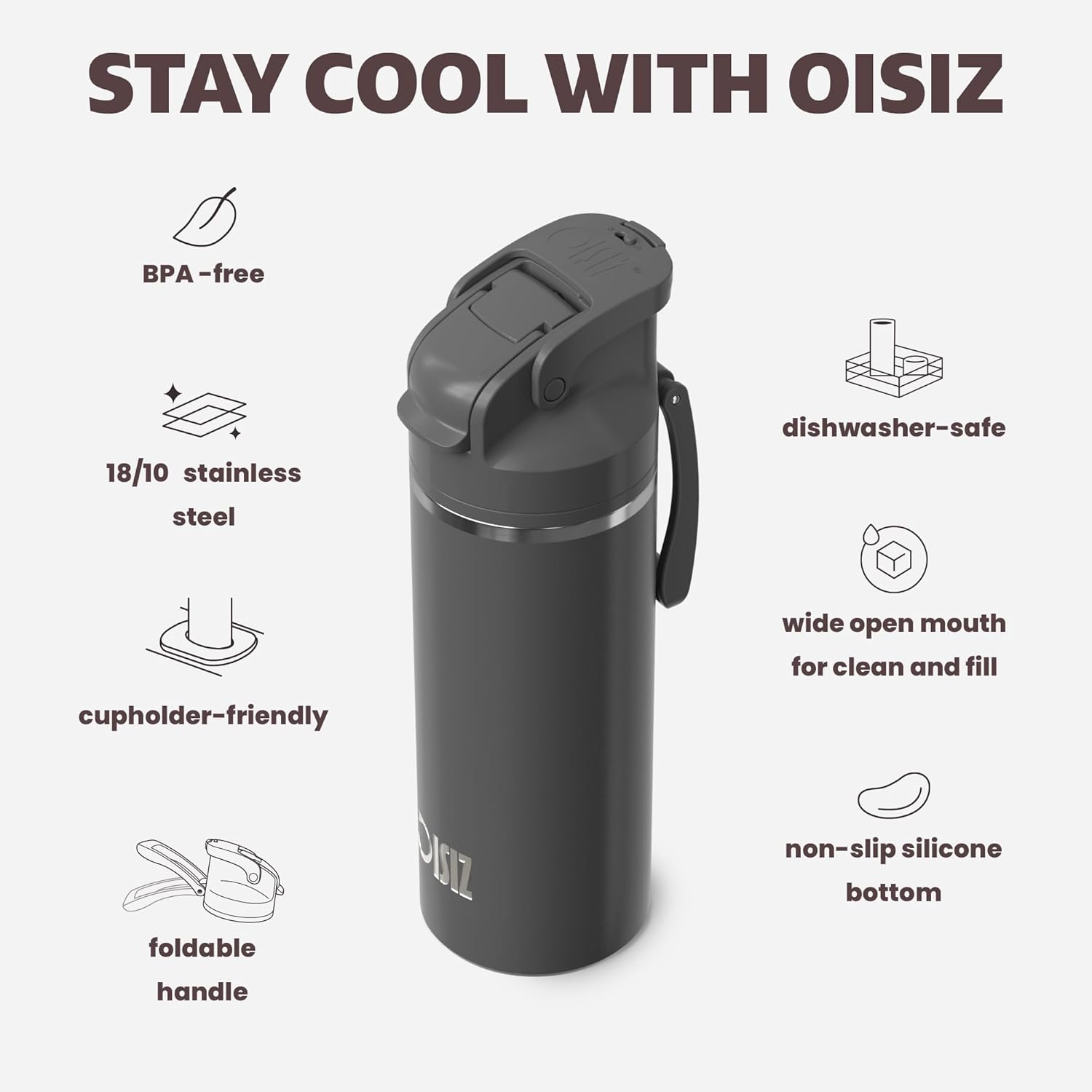 OISIZ Insulated Water Bottle 20 oz with 2 in 1 Spout and Straw Lid,One Click Safety Lock,100% Leakproof,Keep Cold 24H,Vacuum Stainless Steel Water Bottle for School,Travel and Sports,Dishwasher Safe