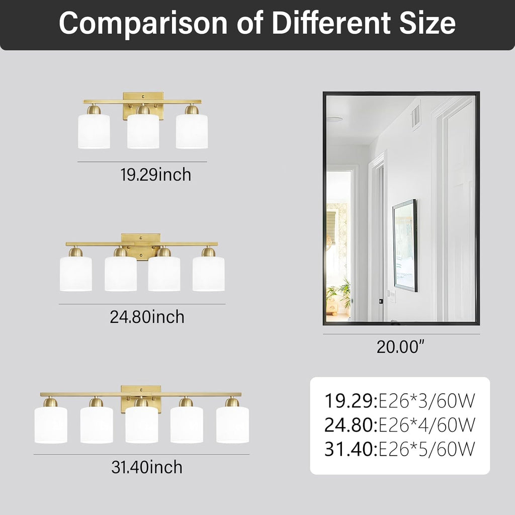3 Light Gold Bathroom Light Fixtures, Modern Bathroom Vanity Lights with Milky White Frosted Glass Shades, Gold Vanity Mirror with Lights for Mirror Living Room E26 Base