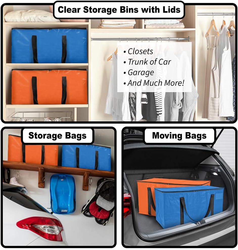 ClearSpace Heavy Duty Moving Bags or Storage Bags – Storage Bins with Lids, Large Moving Boxes with Backpack Straps & Zippers,– Packing Box & Moving Supplies for College Dorm, 8 Pack
