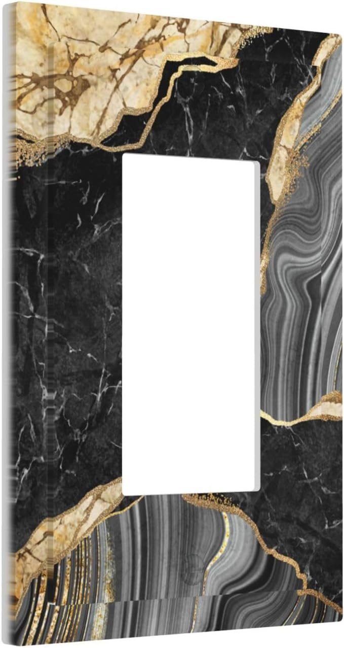 Decorative Outlet Covers Modern Abstract Black Gold Marble 1 Gang Rocker Light Switch Cover Plate Single Decora Light Switch Covers Wall Plate Faceplate for Kitchen Decor （2 Pack）