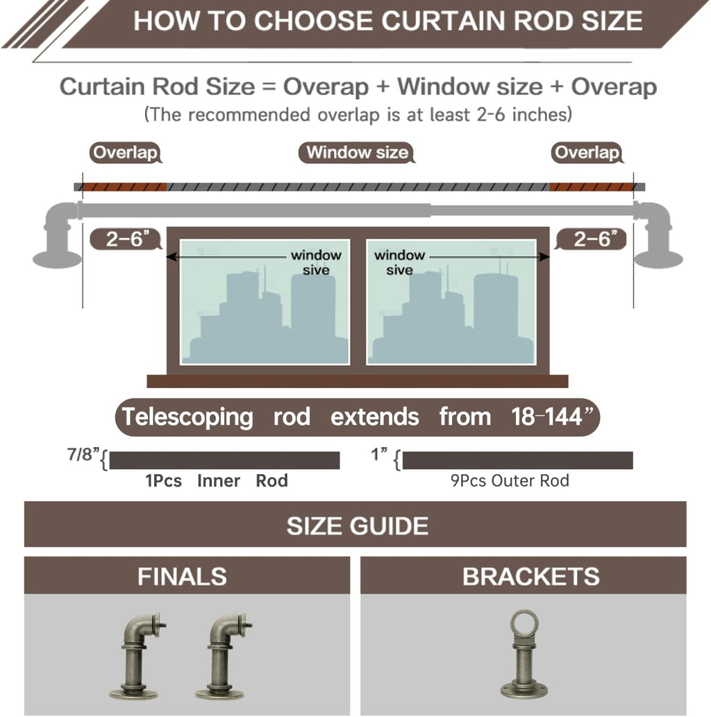 Industrial Curtain Rods 18 to 144 in,Blackout Curtain Rod,Adjustable Length,1 in Diameter Pipe,Wall or Ceiling Mounted,for Bedroom and Living Room (Antique Silver 18” to 144”)