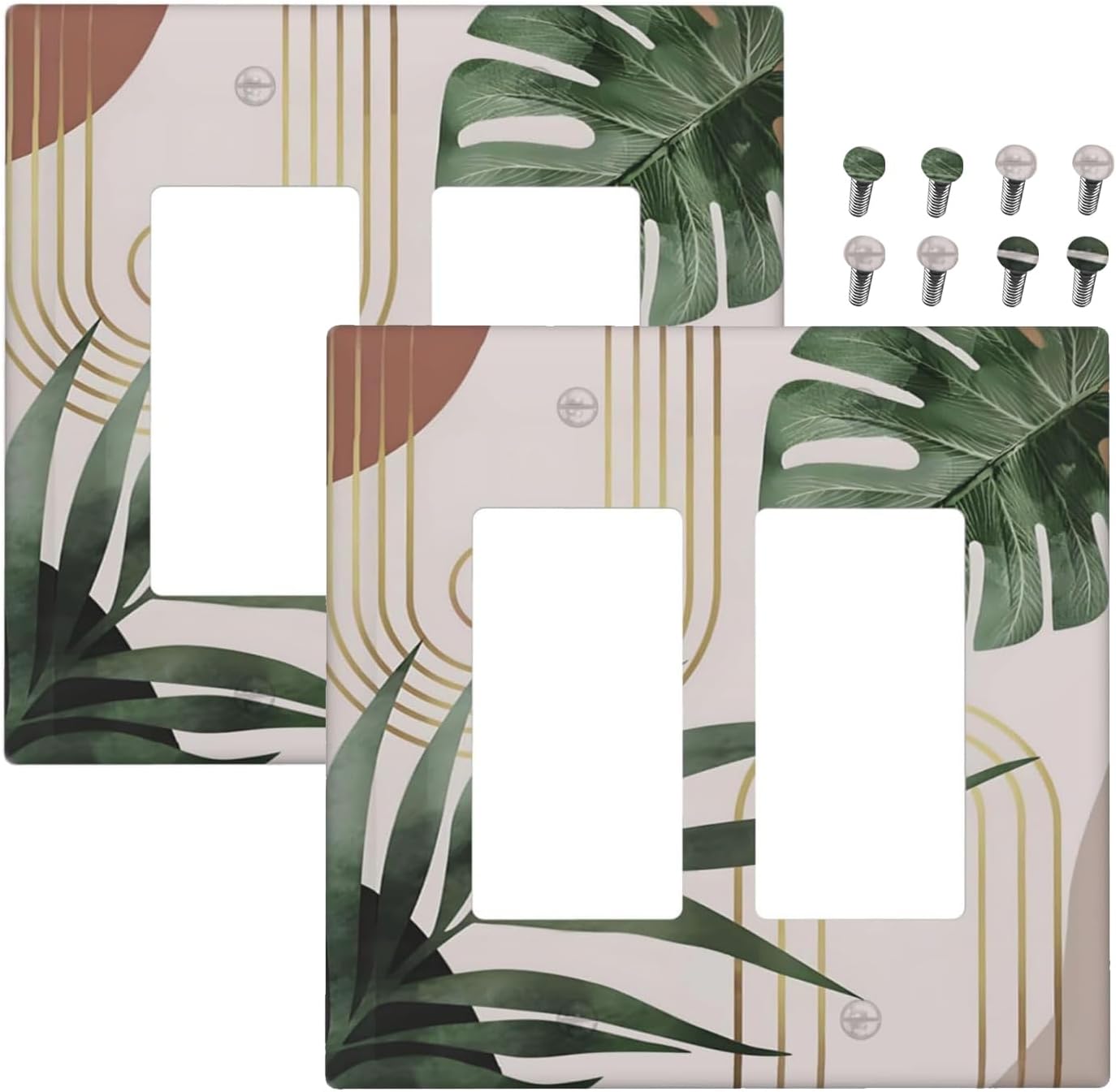 Decorative Outlet Covers Boho Mid Century Arch Green Leaves 2 Gang Light Switch Cover Plate Double Rocker Wall Plate Switch Plate Covers Faceplate for Bedroom Home Decor（ 2 Pack）