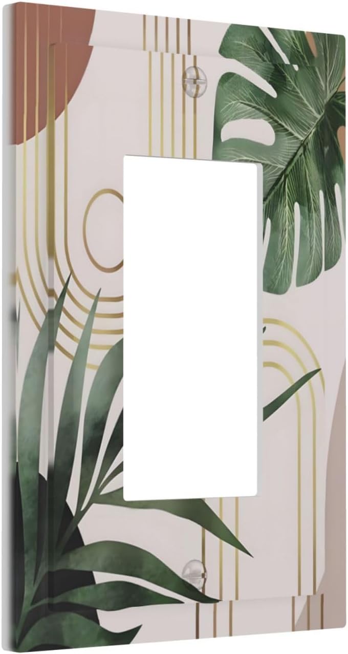 Decorative Outlet Covers Boho Mid Century Abstract Arch Green Leaves 1 Gang Rocker Light Switch Cover Plate Single Decora Light Switch Covers Wall Plate for Bedroom Decor （ 2 Pack）
