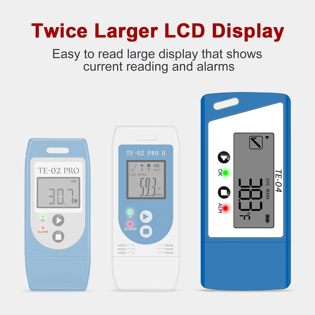 TE-04 10 pcs Temperature Data Logger with External Probe, Large Display,Pause Recording Function, Auto PDF& CSV Report, 35,000 Points, Temperature Recorder for Cold Chain Shipping Vaccine Storage