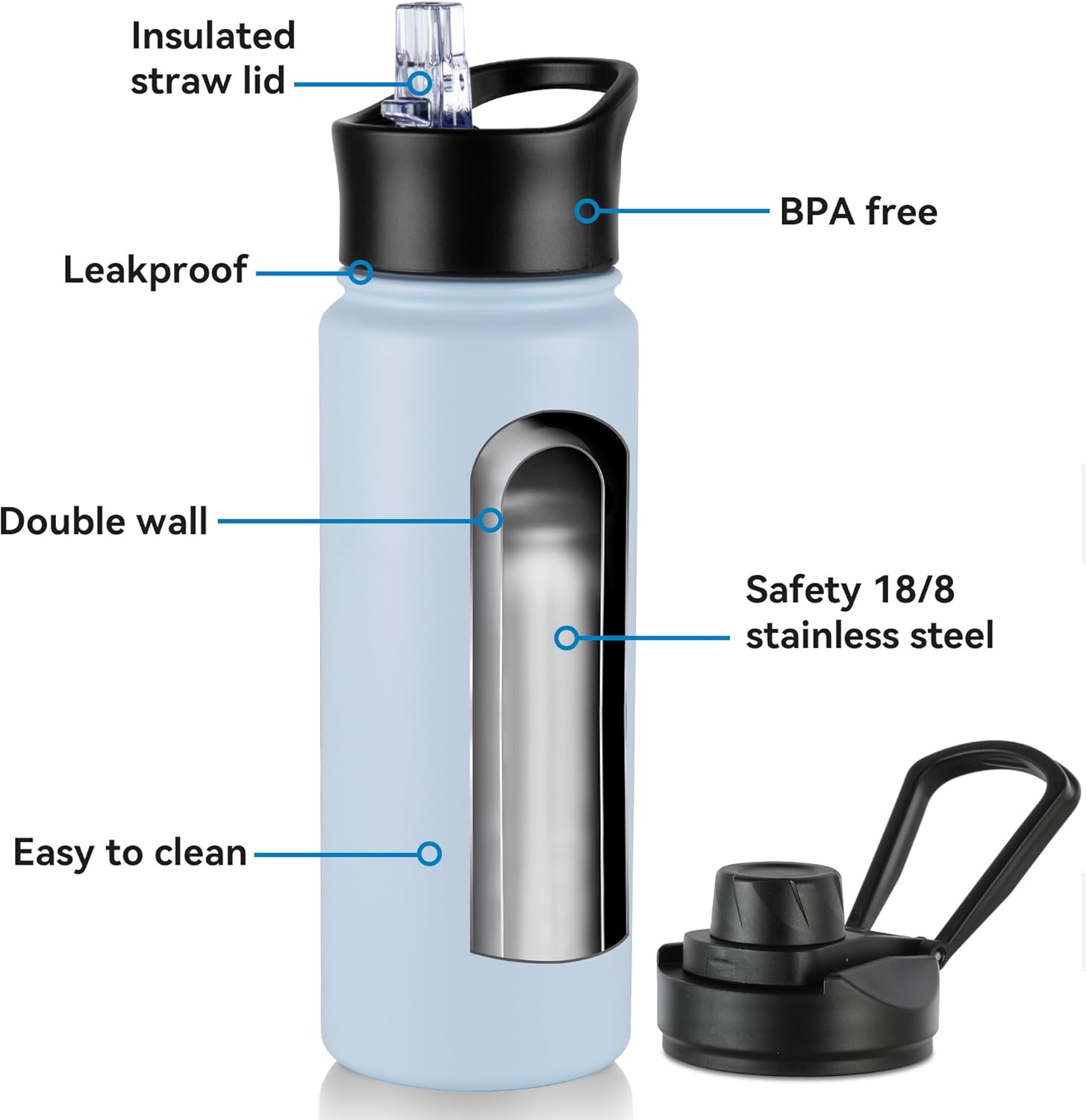 24oz Insulated Water Bottle with Straw Lid, Stainless Steel Metal Water Bottle with Straw & Wide Mouth Lid, Double Wall Vacuum Water Bottle for Hiking Camping, Light Blue 4 Pack