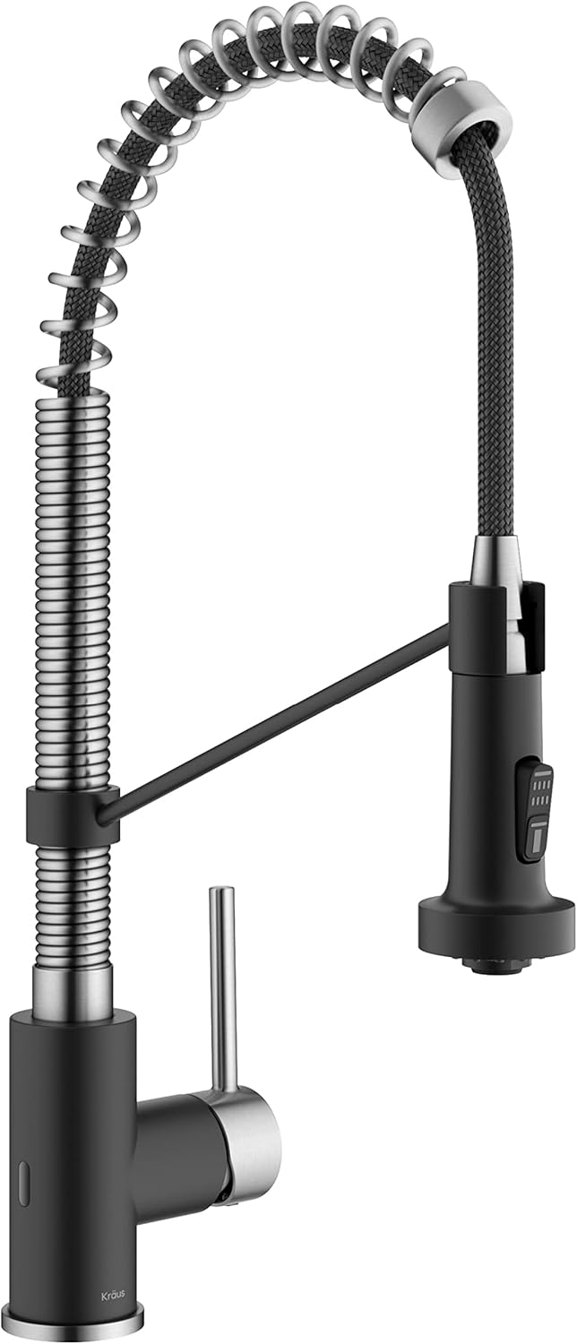 KRAUS Bolden Touchless Sensor Commercial Style 2-Function Single Handle Pull Down Kitchen Faucet in Spot-Free Stainless Steel/Matte Black, KSF-1610SFSMB
