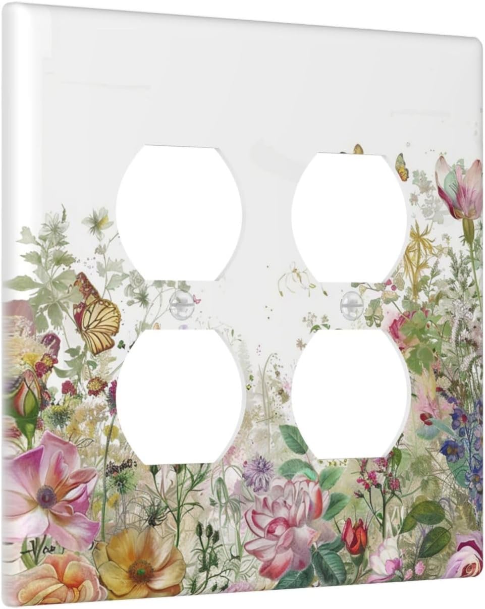 Outlet Covers Boho Wildflower Colorful Floral Butterfly 2 Gang Double Duplex Decorative Light Switch Covers Electrical Wallplates Socket Faceplate For Bed Room Living Room Decor