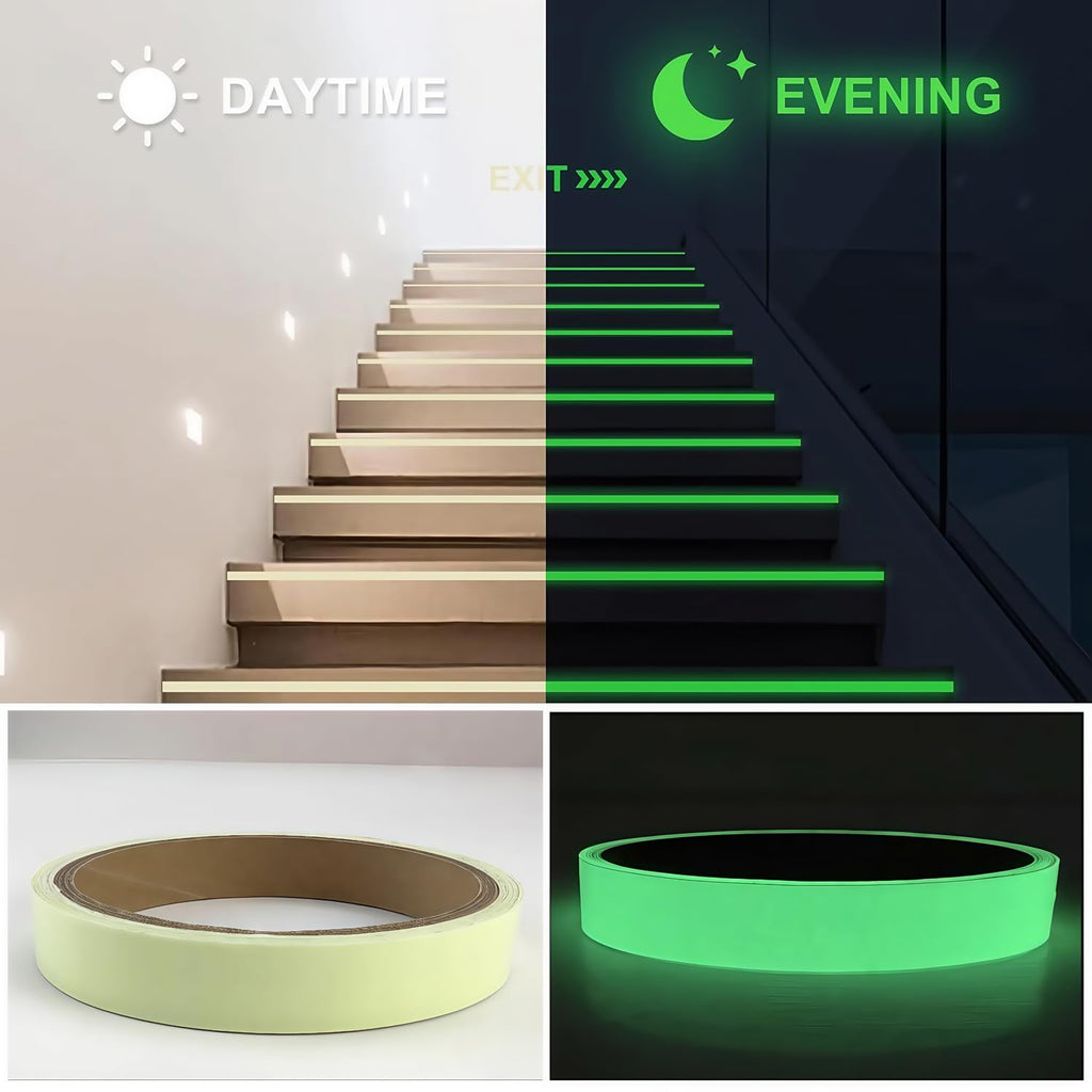 Glow in The Dark Tape 1Inch x 40FT - Fluorescent Glow Tape High-Adhesion Waterproof,Fluorescent Safety Tape, Photoluminescent for Stairs, Bikes, Outdoor Gear,Halloween DIY，Walls and Exit Sign