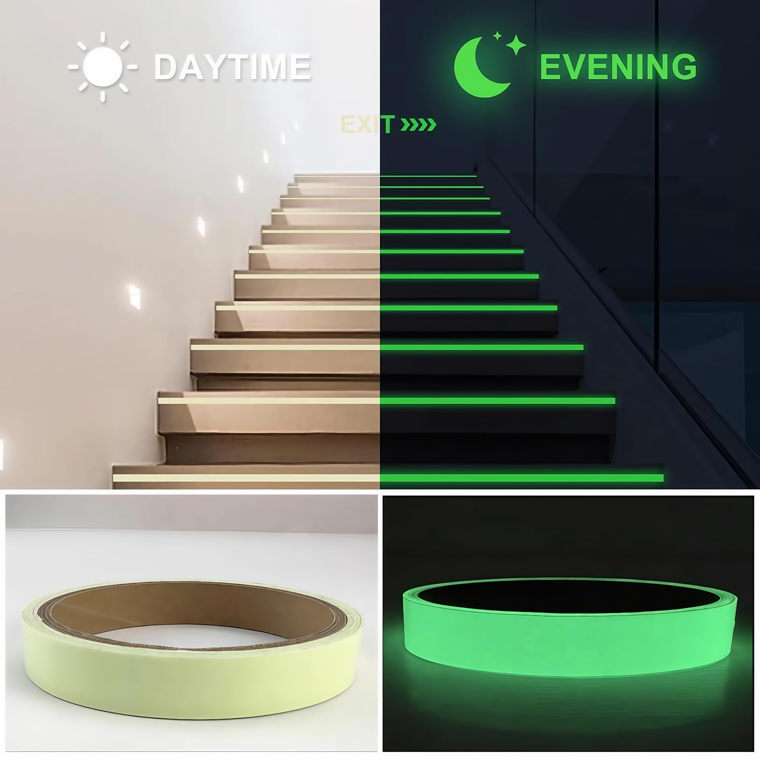 Glow in The Dark Tape 1Inch x 40FT - Fluorescent Glow Tape High-Adhesion Waterproof,Fluorescent Safety Tape, Photoluminescent for Stairs, Bikes, Outdoor Gear,Halloween DIY，Walls and Exit Sign