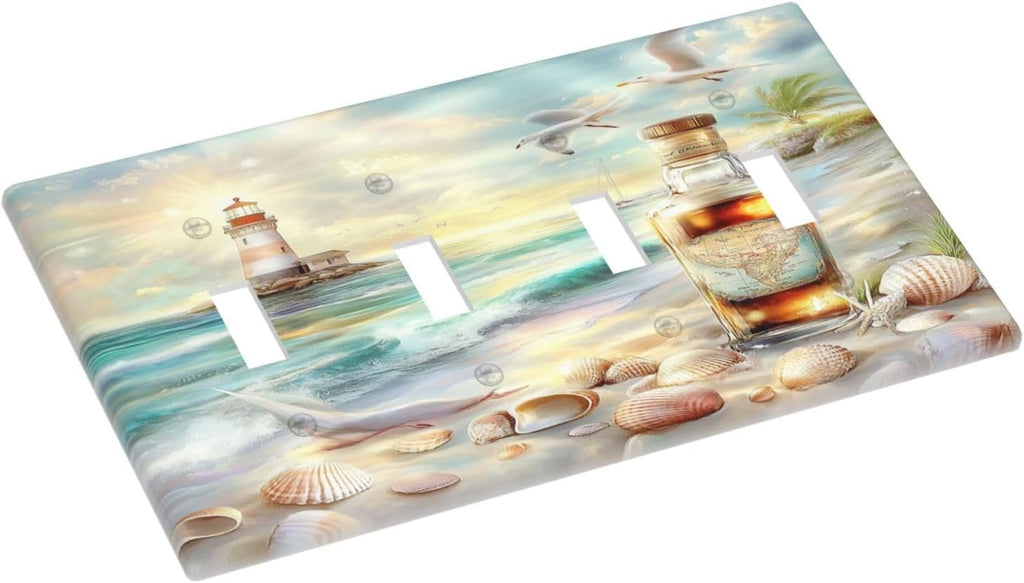 Light Switch Covers Beach Ocean Lighthouse Seashells Quad Toggle Electrical Faceplate 4 Gang Wall Plate Decorative Switch Plates For Bed Room Living Room Decor