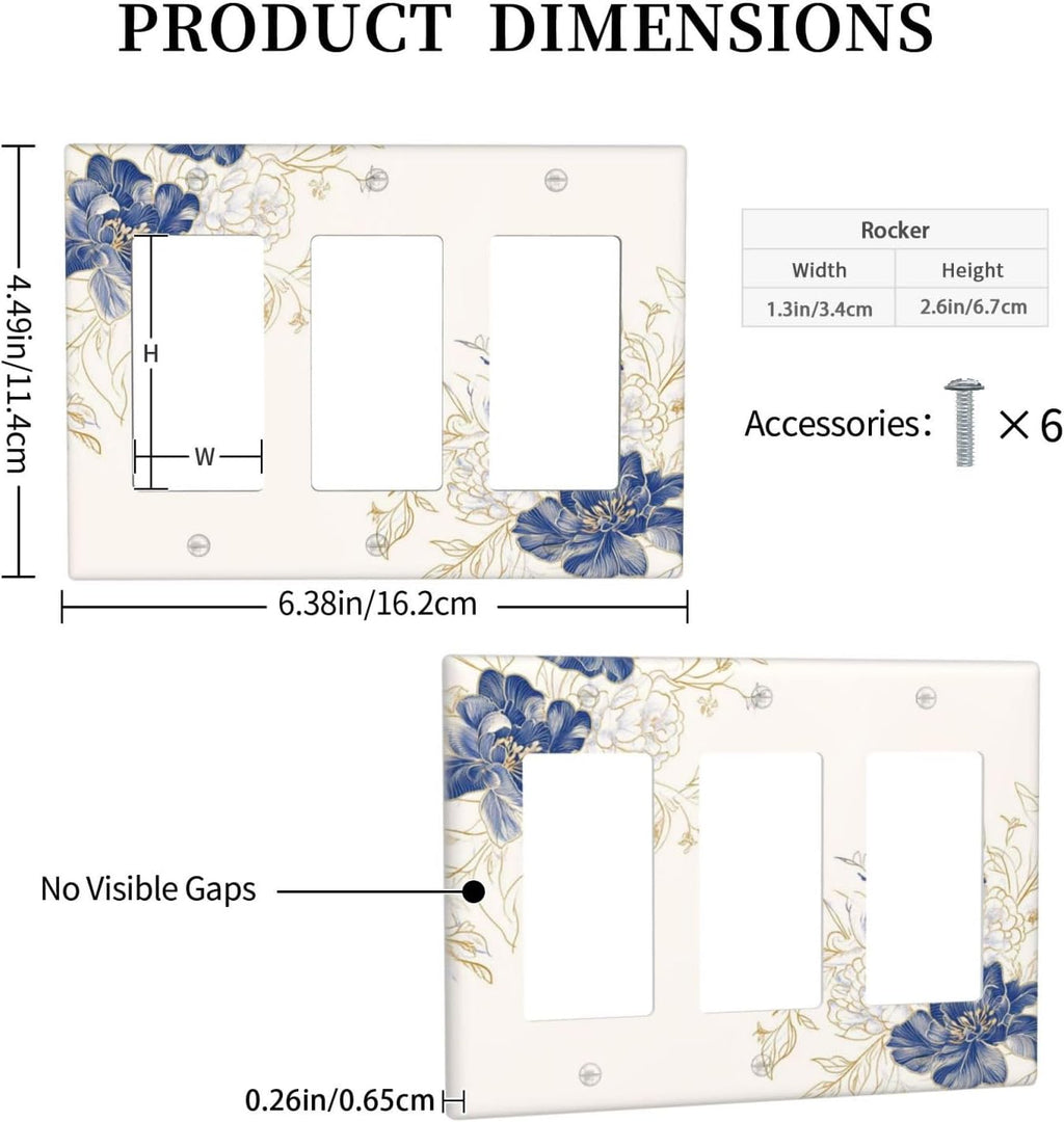 Decorative Outlet Covers Rustic Blue Flower Flaral Gold Leaf 3 Gang Light Switch Cover Plate Triple Rocker Wall Plates for Electrical Outlets Switch Plate Covers for Bedroom Home Decor