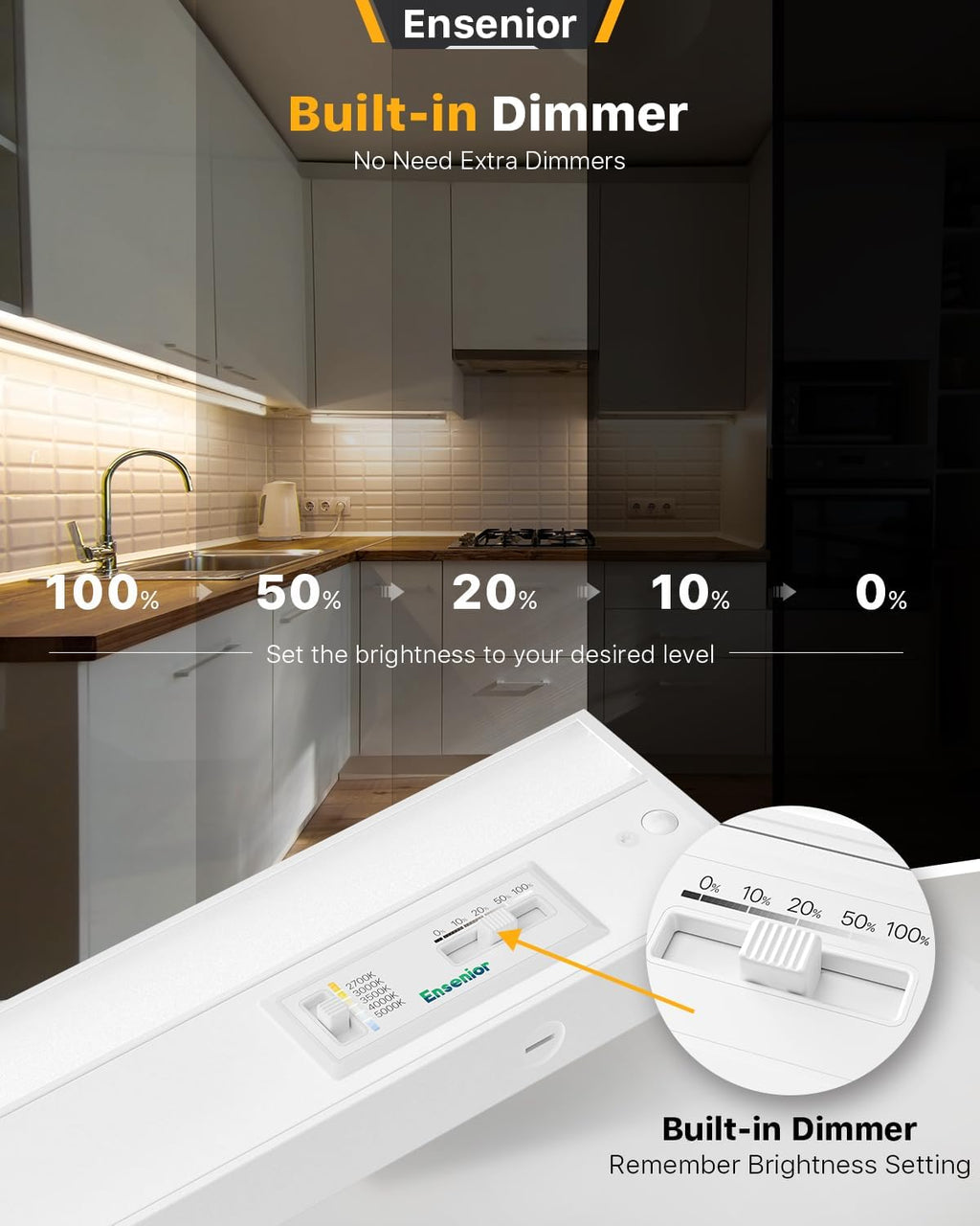 Ensenior 12 Inch LED Under Cabinet Lighting Hardwired, 5CCT, 8W 500LM, 2700K/3000K/3500K/4000K/5000K, Wired Under Cabinet Lights, Dimmable Under Counter Lights for Kitchen, FCC, 1 Pack