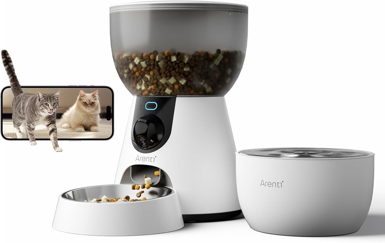 ARENTI Smart Automatic Cat Feeder and Water Fountain, 4L Pet Feeder Cat Food Dispenser with Camera, Dual Power, App Control, Live View & Night Vision, Meal Call, Hygienic Water Flow, Desiccant Bag