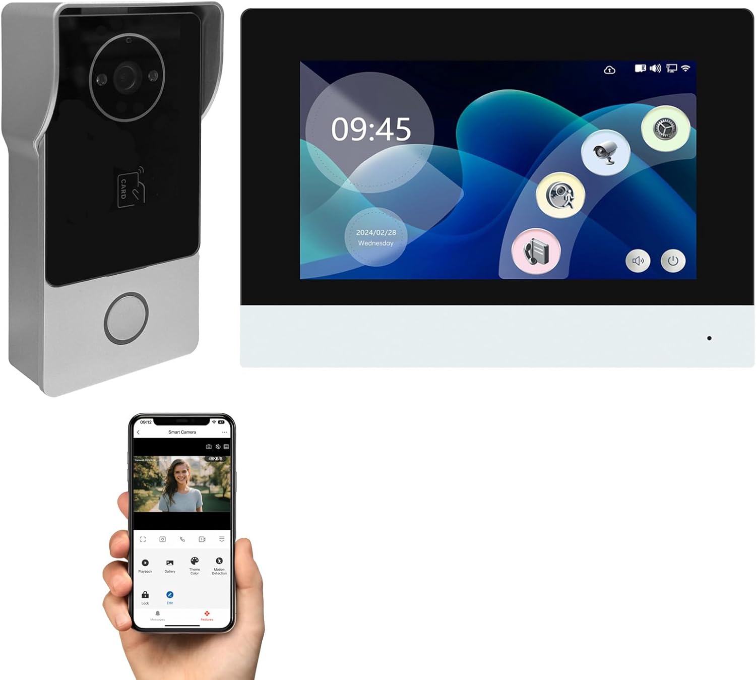Smart Video Doorbell Intercom System with 7" Touch Screen Monitor, 2MP HD Camera with Night Vision, Two-Way Audio, RFID IC Card Access, Wi-Fi Tuya App Remote Unlock for Home Security