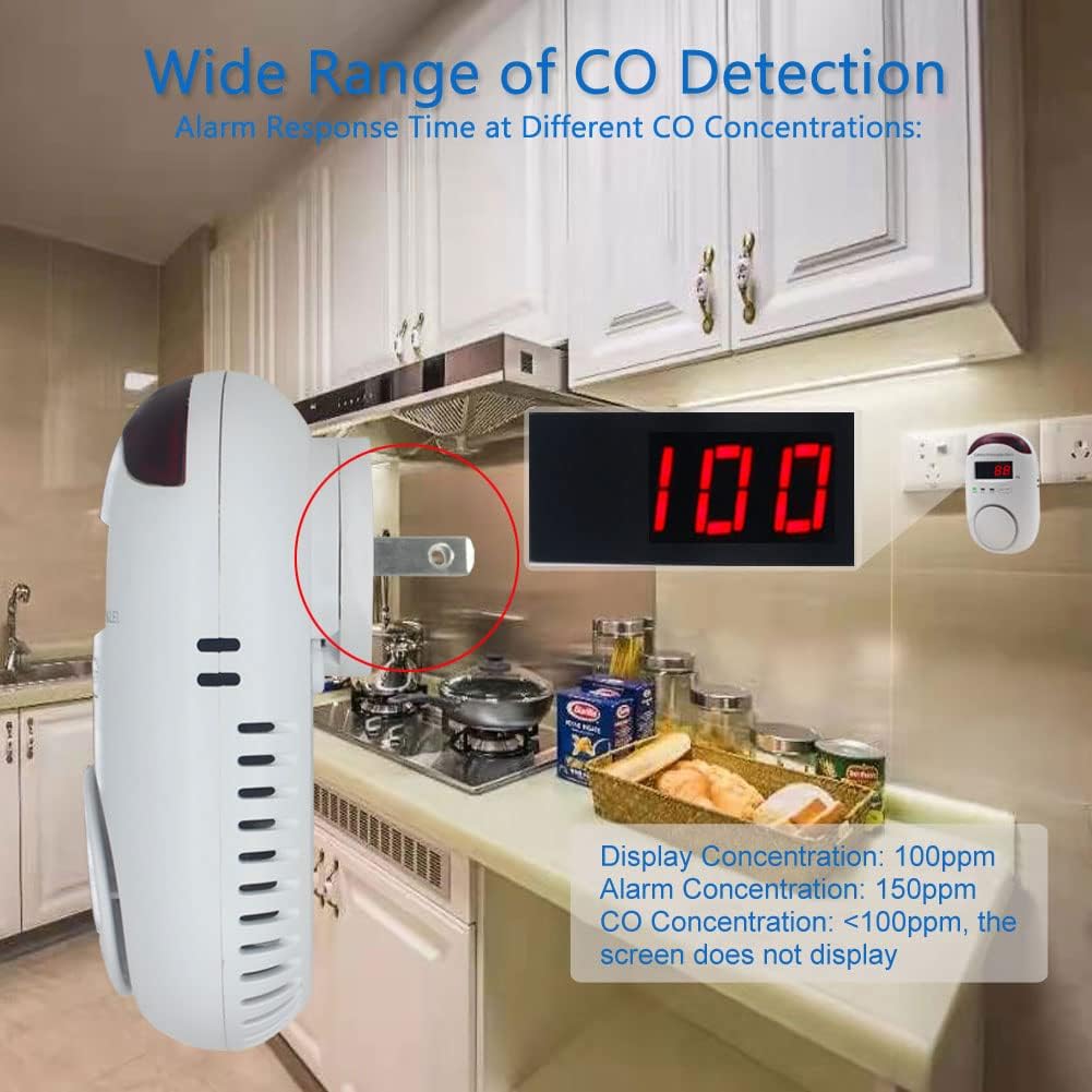 Plug-in Type Carbon Monoxide Alarm, CO Detector Monitor with LED Digital Display and Voice Alert for Home/Kitchen -1 Pack