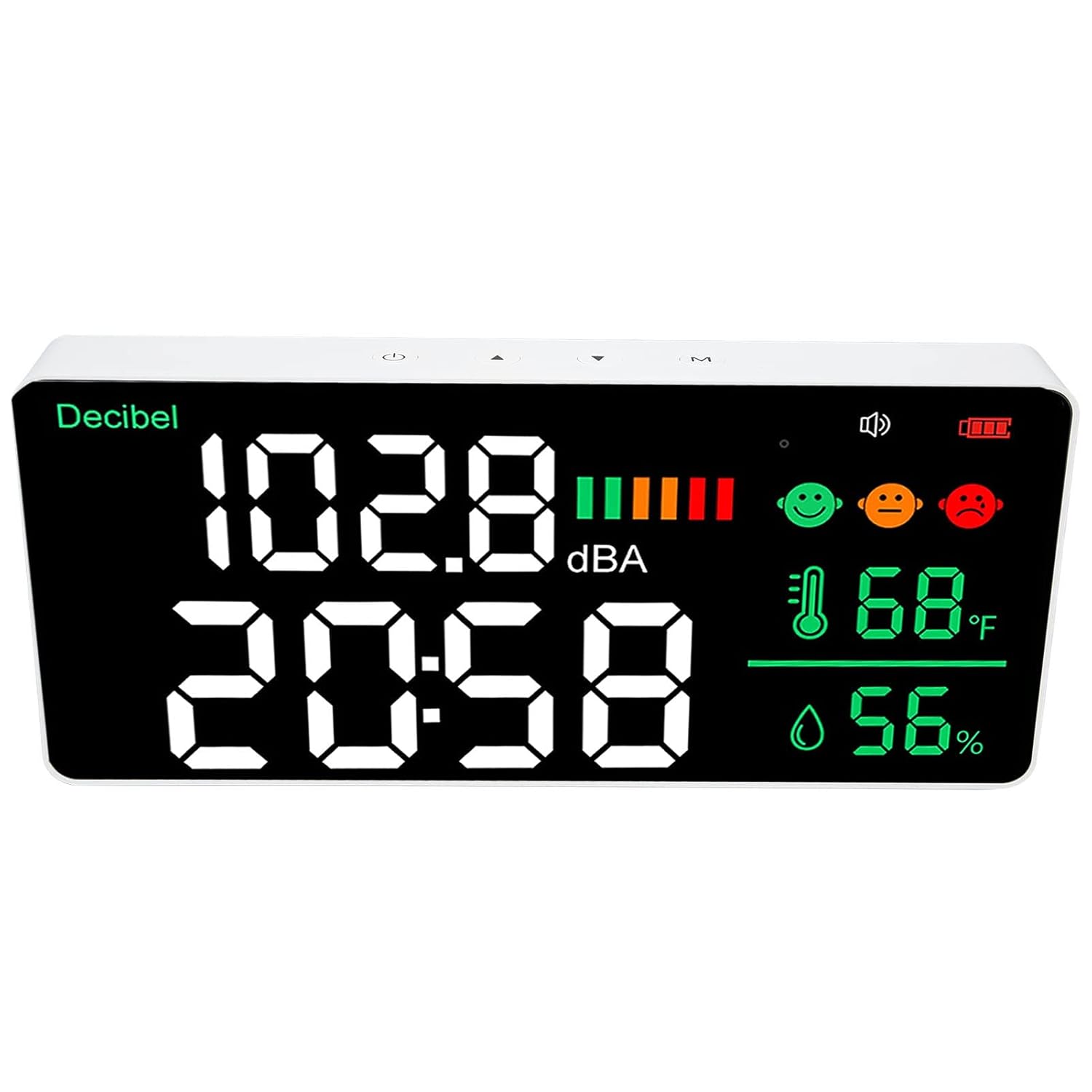 Decibel Meter Sound Level Reader, 11 Inch LED Display with Time Temperature Humidity, 30-130db Range - Sensor, Adjustable Brightness, USB Rechargeable for Home of