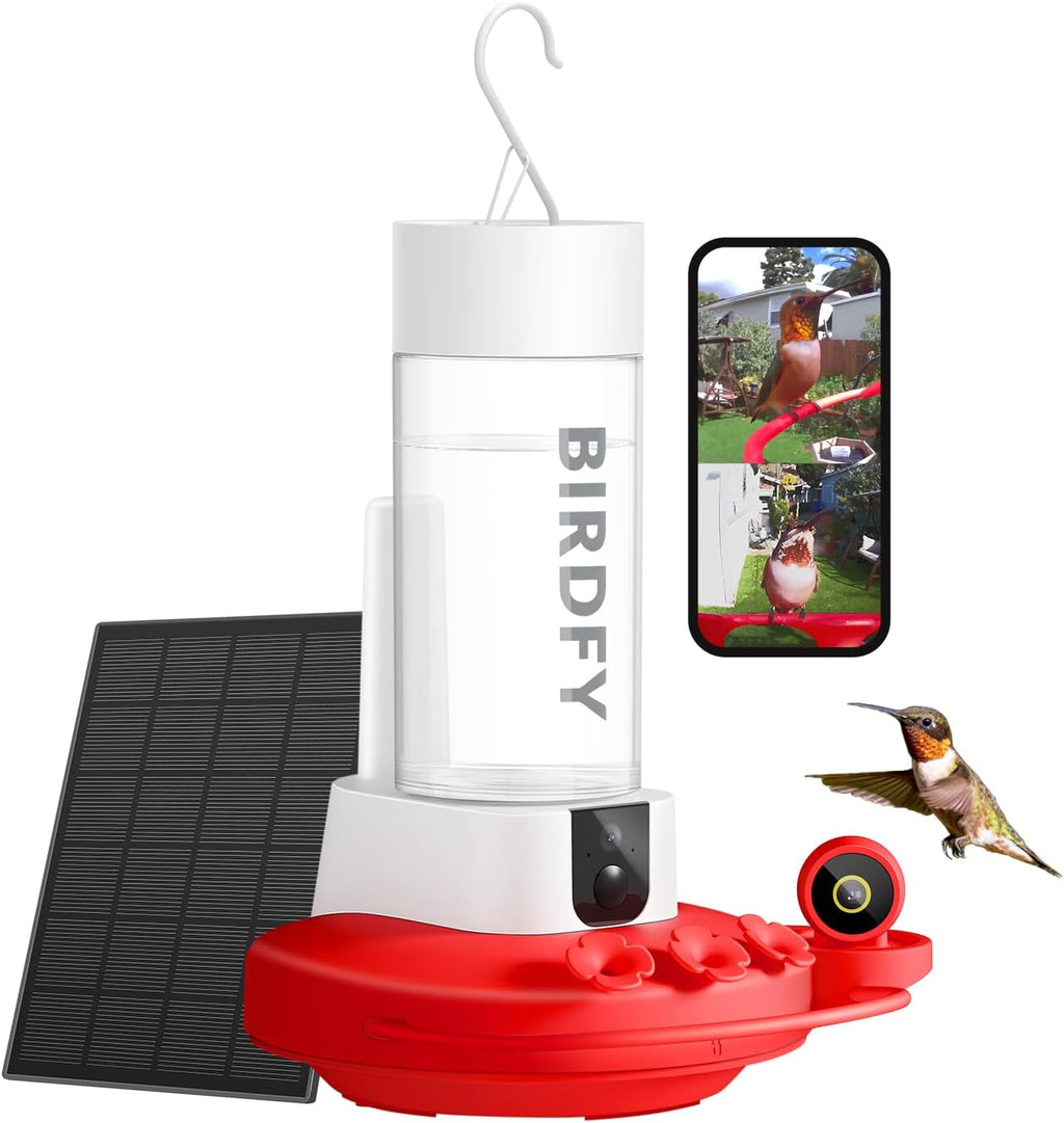 Birdfy Hummingbird Feeder with Dual Cameras - 2K HD Smart Cameras Solar Powered, Close-Up Bird Video/Live Watching & Instant Notifications, Ant Moat & Leakproof - 20oz