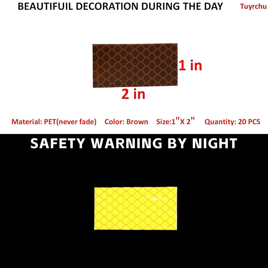 Non Fading Brown Reflective Stickers 1 inch X 2 inch, Outdoor Waterproof High Visibility Warning Safety Adhesive Reflector Tape (20 Pcs)