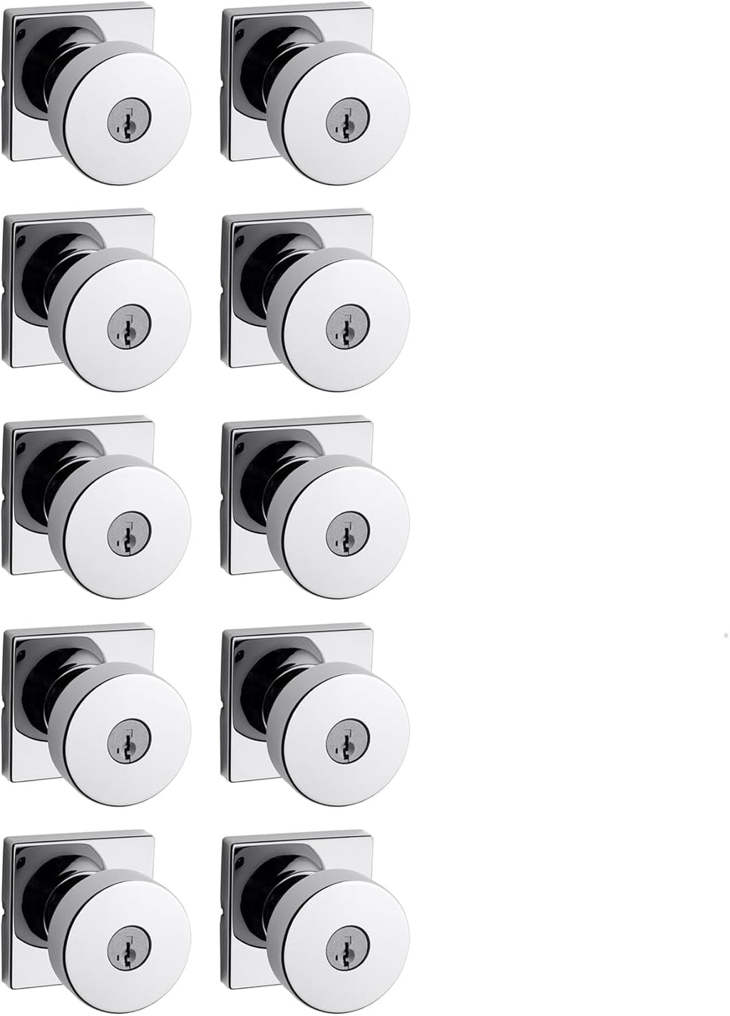 Kwikset Pismo Entry Door Knob with Lock and Key, Secure Keyed Handle Exterior, Front Entrance and Bedroom, Polished Chrome, 10 Pack, Pick Resistant SmartKey Rekey Security