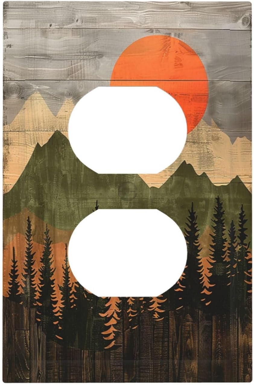 Outlet Covers Vintage Wood Grain Sun Forest Mountains 1 Gang Duplex Wall Plate Decorative Switch Plates Electrical Receptacle Faceplate Light Switch Cover for Farmhouse Cabin Decor